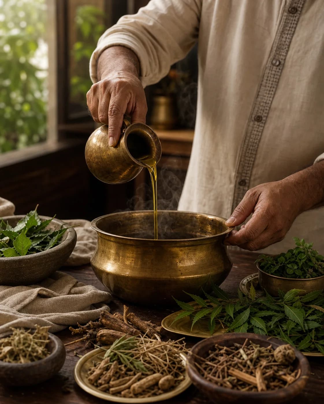 Ayurvedic practitioner preparing warm herbal oil with traditional brass vessels and medicinal herbs